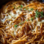 Delicious one-pot French onion pasta with cheese and caramelized onions