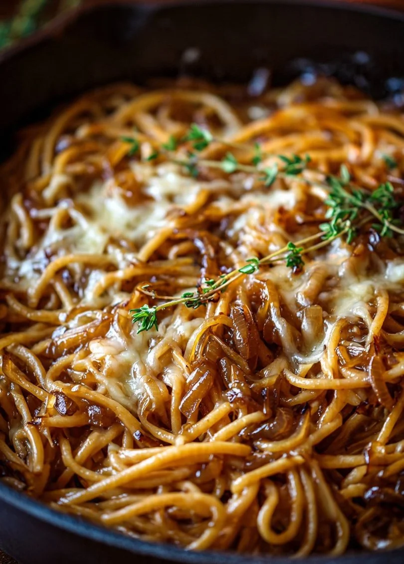 Delicious one-pot French onion pasta with cheese and caramelized onions