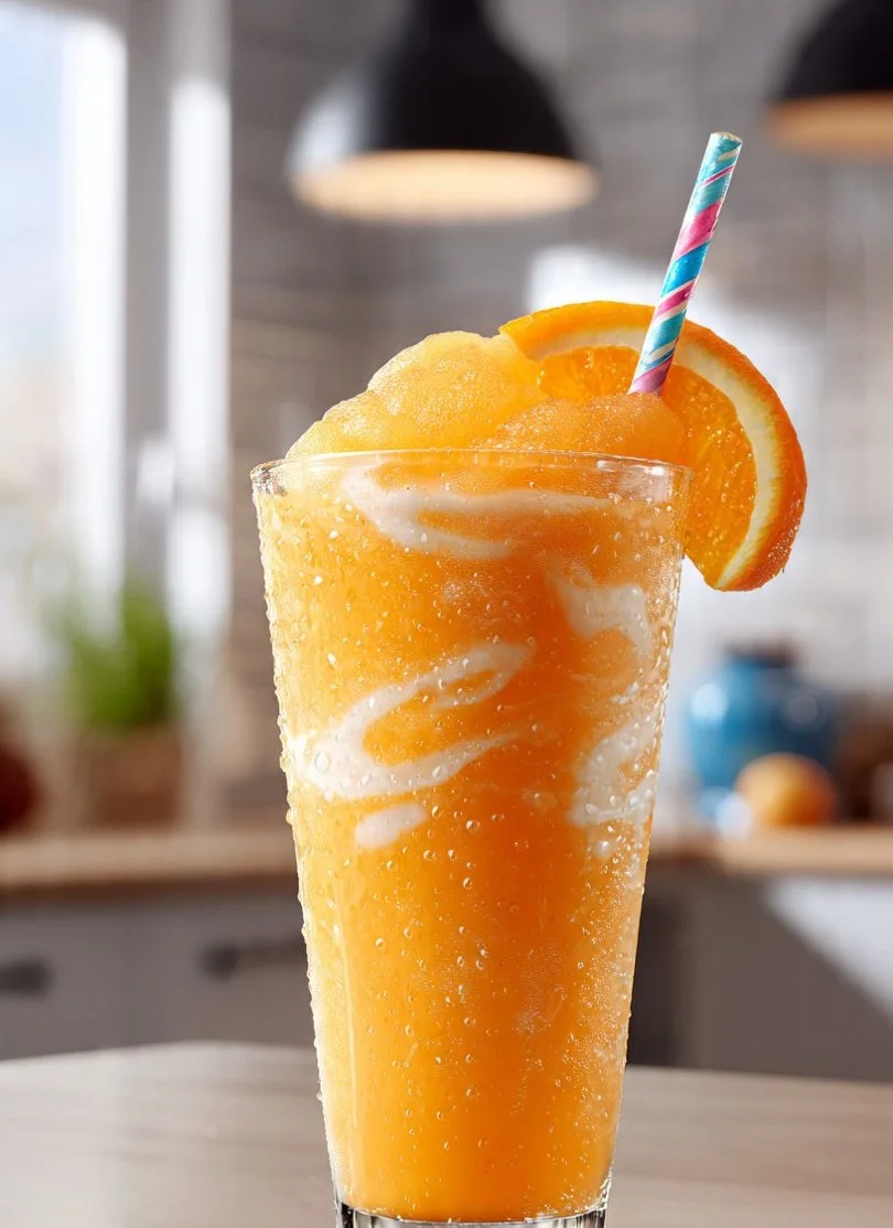 Delicious orange creamsicle slushie in a glass, garnished with an orange slice.