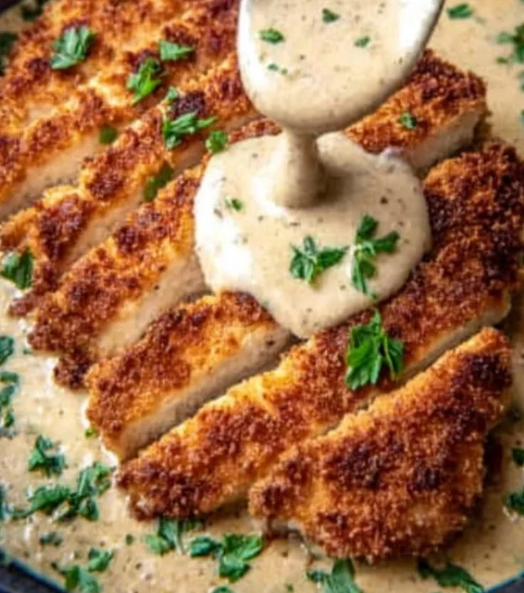 Delicious Parmesan Crusted Chicken served with a side salad and lemon wedges