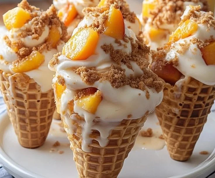 Peach Cobbler Cheesecake Cones topped with fresh peaches and creamy cheesecake filling
