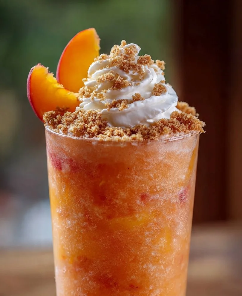 Delicious Peach Cobbler Slushie in a glass with fresh peaches