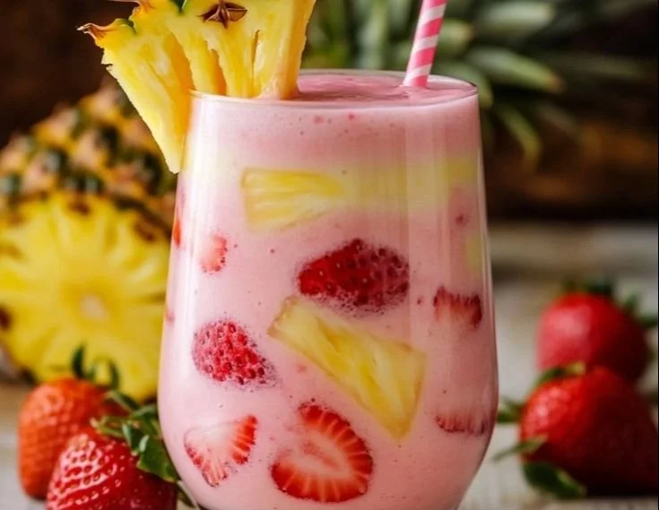 Pineapple Strawberry Slushies in tall glasses garnished with fruit slices