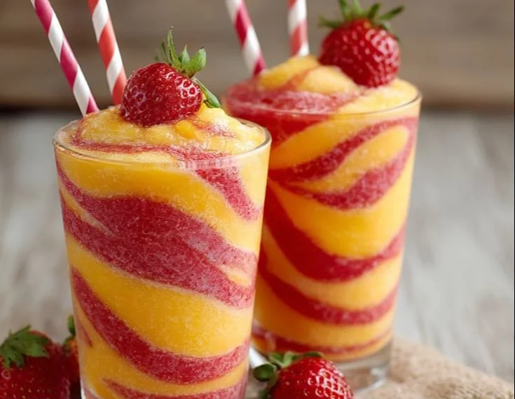 Refreshing Pineapple Strawberry Swirled Slushies in a glass