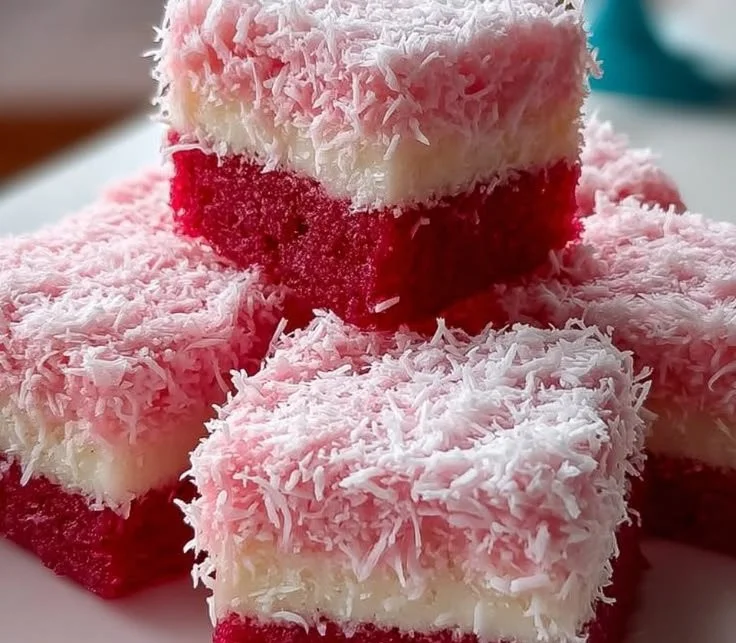Pink Coconut Snowball Cake Bars topped with fluffy coconut and pink frosting