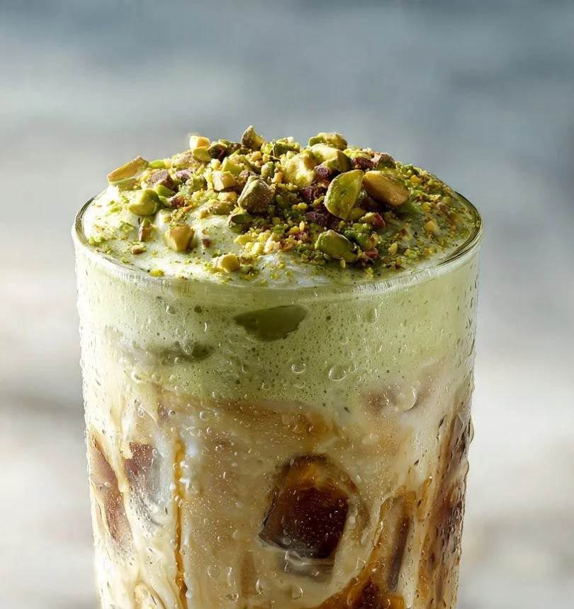 Refreshing pistachio cream cold brew coffee topped with whipped cream