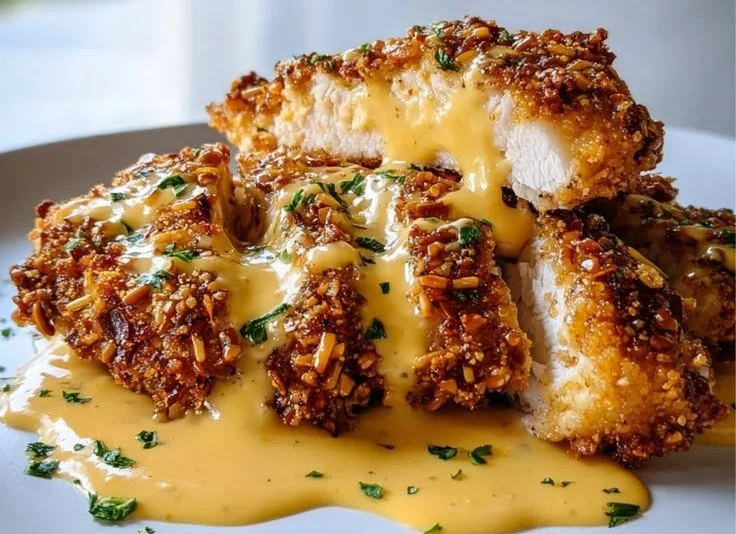 Delicious pretzel crusted chicken served with dipping sauce