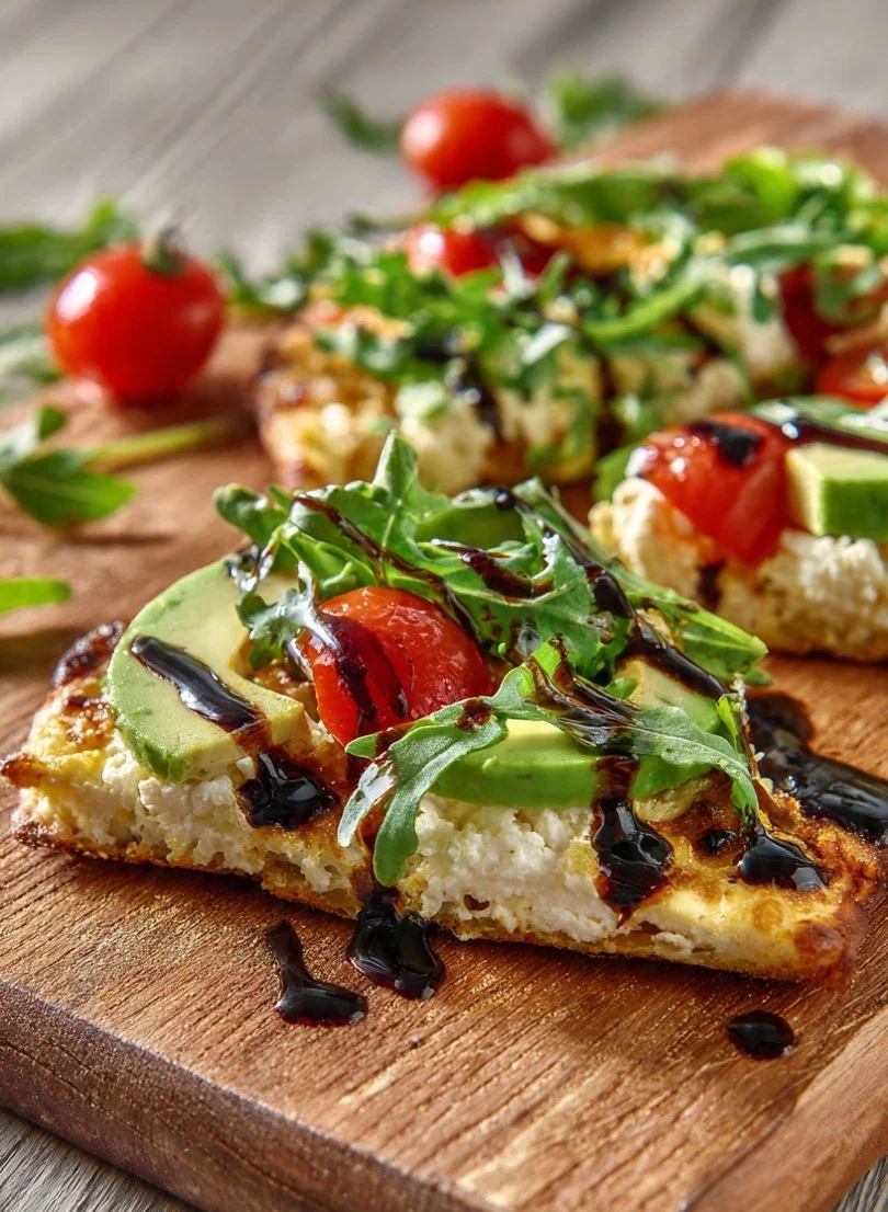 Homemade protein-packed cottage cheese flatbread served with fresh toppings.