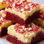 Decadent Red Velvet Cookie Bars topped with cream cheese frosting