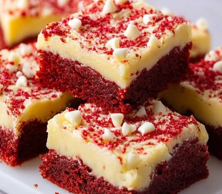 Decadent Red Velvet Cookie Bars topped with cream cheese frosting
