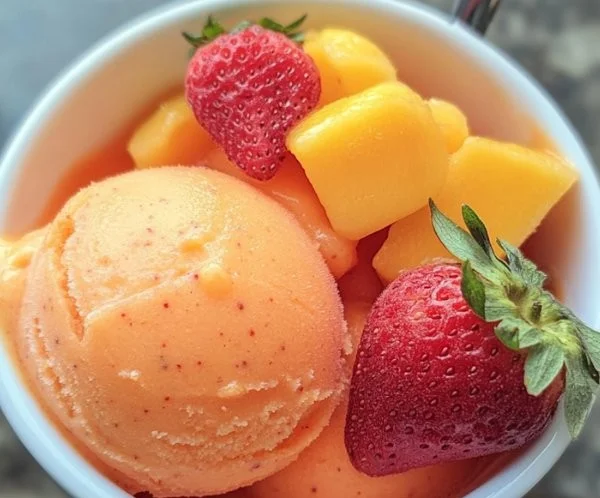 Delicious Mango Strawberry Sorbet served in a bowl, perfect for cooling off.
