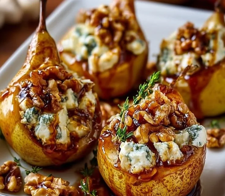 Delicious roasted pears with goat cheese and maple walnut drizzle