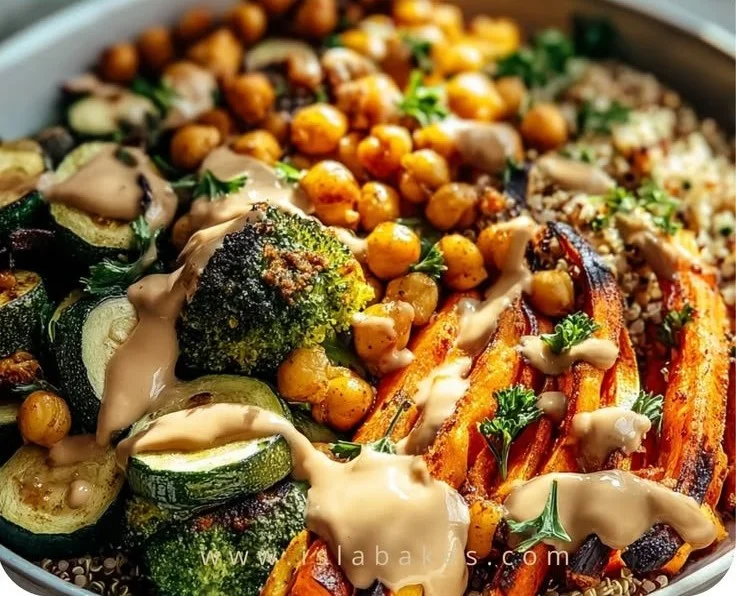 Roasted veggie chickpea bowls with colorful vegetables and spices