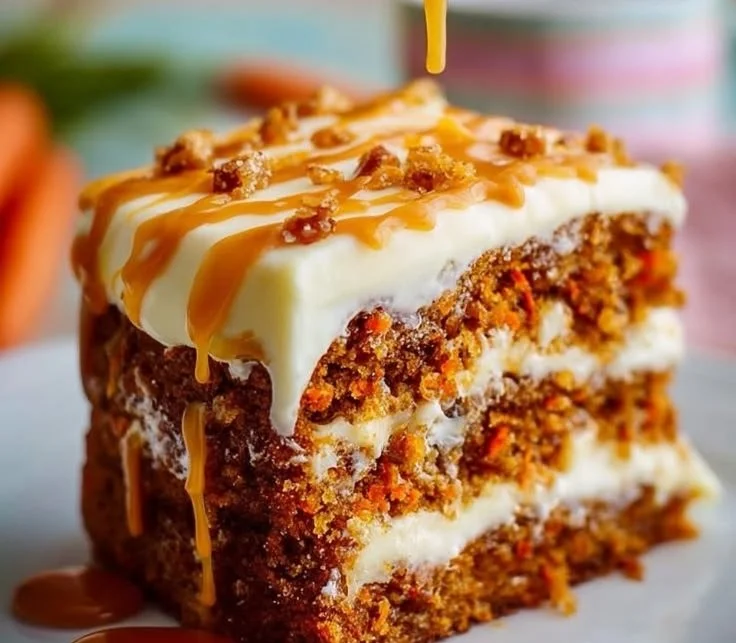 Slice of Salted Caramel Carrot Cake garnished with caramel drizzle