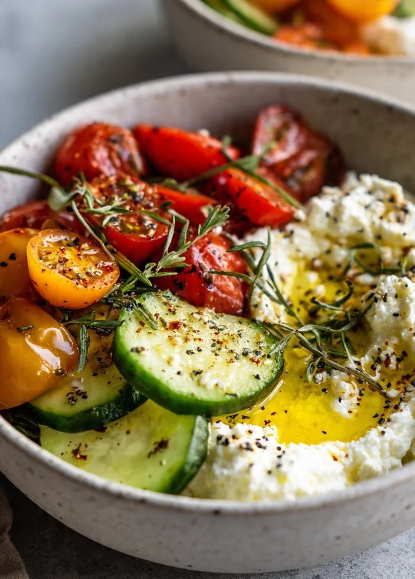 Savory cottage cheese bowls topped with fresh vegetables and herbs