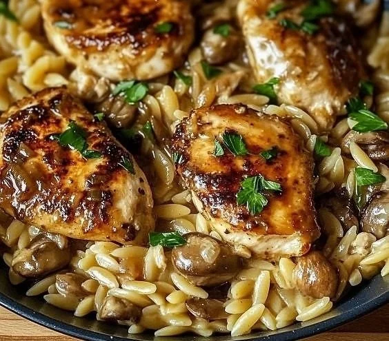 Plate of savory Marsala chicken with creamy orzo and garnish