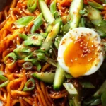 Bowl of flavorful Sesame Noodles with Gochujang sauce and garnishes.