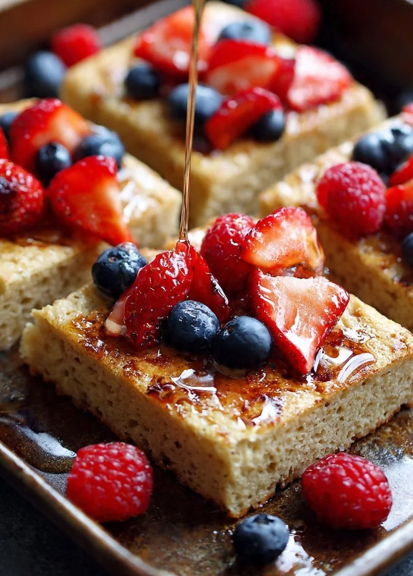 Delicious sheet pan protein pancakes ready to serve for a healthy breakfast.