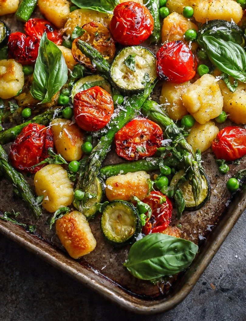 Colorful sheet pan spring veggie gnocchi with vibrant vegetables and herbs