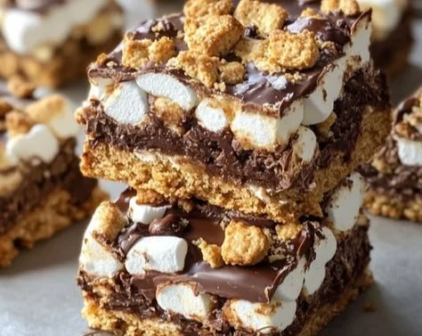 Decadent S'mores Seven Layer Bars with chocolate, marshmallow, and graham crackers