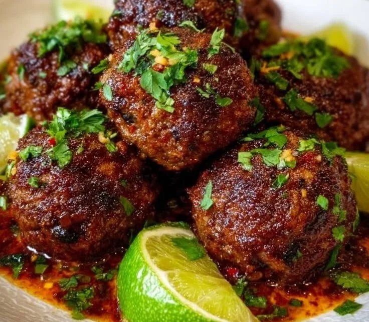 Deliciously spicy Mexican Donkey Balls served on a plate garnished with fresh herbs