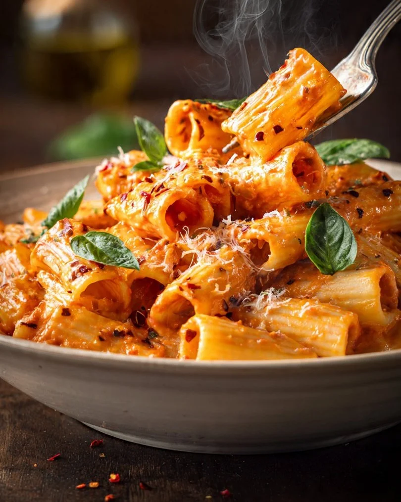 Spicy vodka pasta in creamy pink sauce garnished with herbs