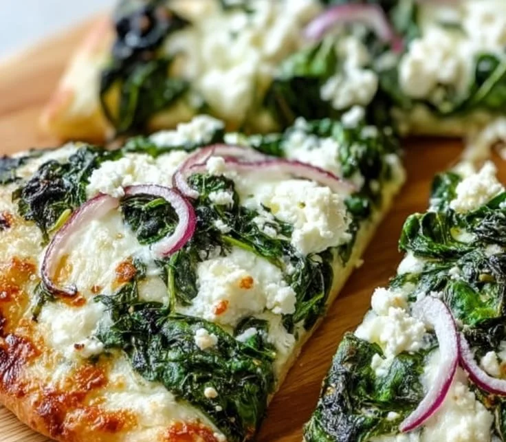 Spinach Feta Flatbread Pizza with fresh spinach and feta cheese on crispy crust