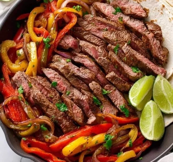 Delicious steak fajitas with grilled vegetables and spices served on tortillas.