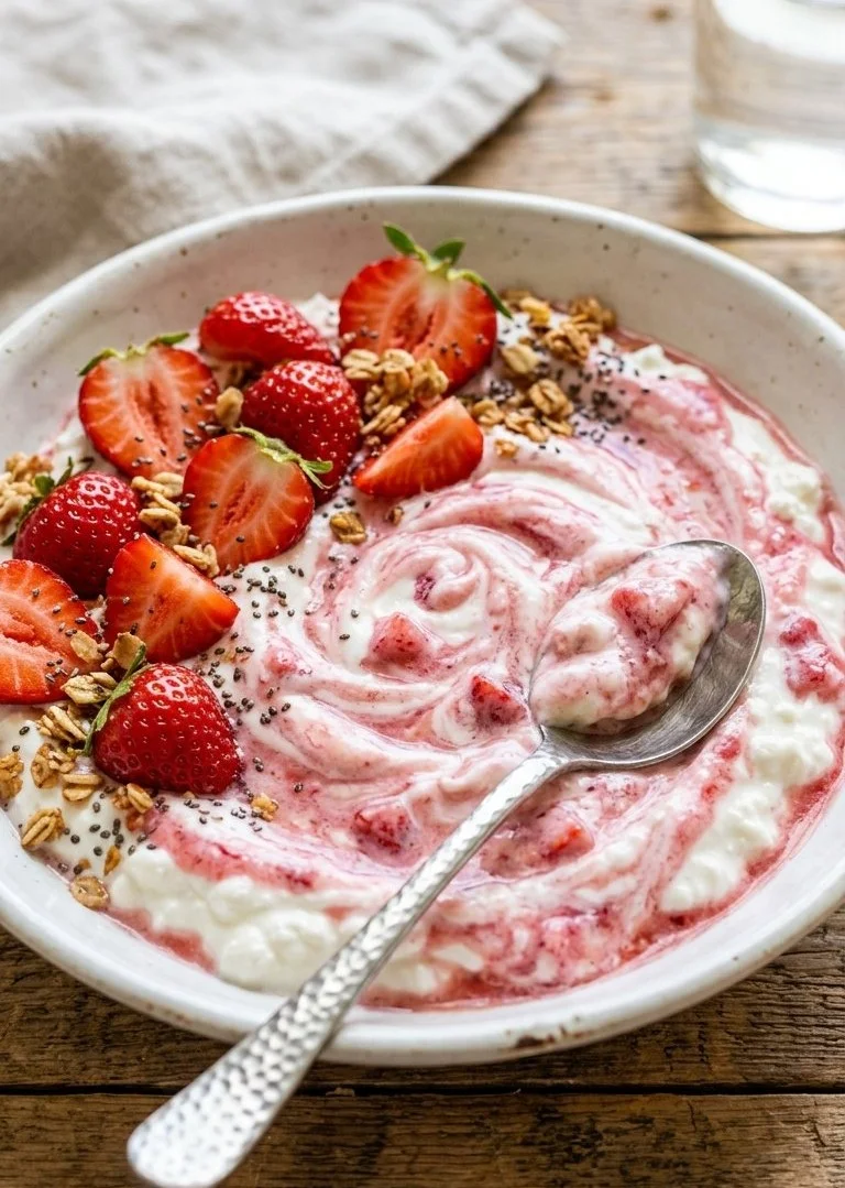 Strawberry and cottage cheese swirl dessert in a glass bowl