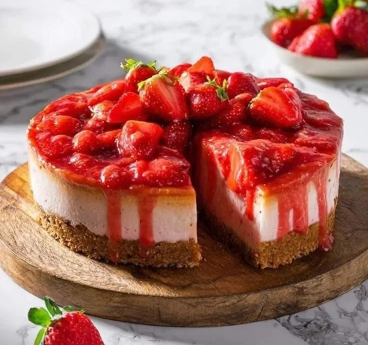 Delicious homemade strawberry cheesecake with fresh fruit topping