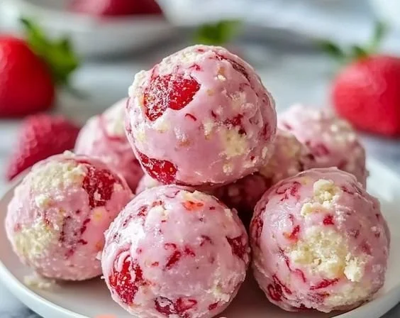 Strawberry Cheesecake Protein Balls ready to enjoy as a healthy snack