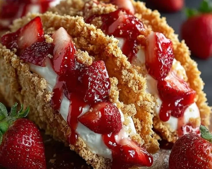 Delicious strawberry crunch cheesecake tacos on a plate
