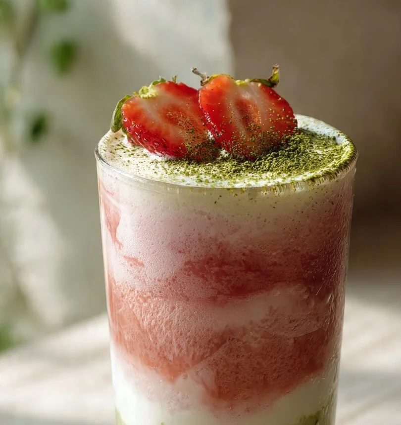 Strawberry Matcha Latte served in a glass with fresh strawberries and matcha powder