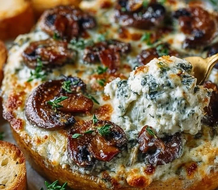 Delicious Stuffed Mushroom Dip served with crispy bread
