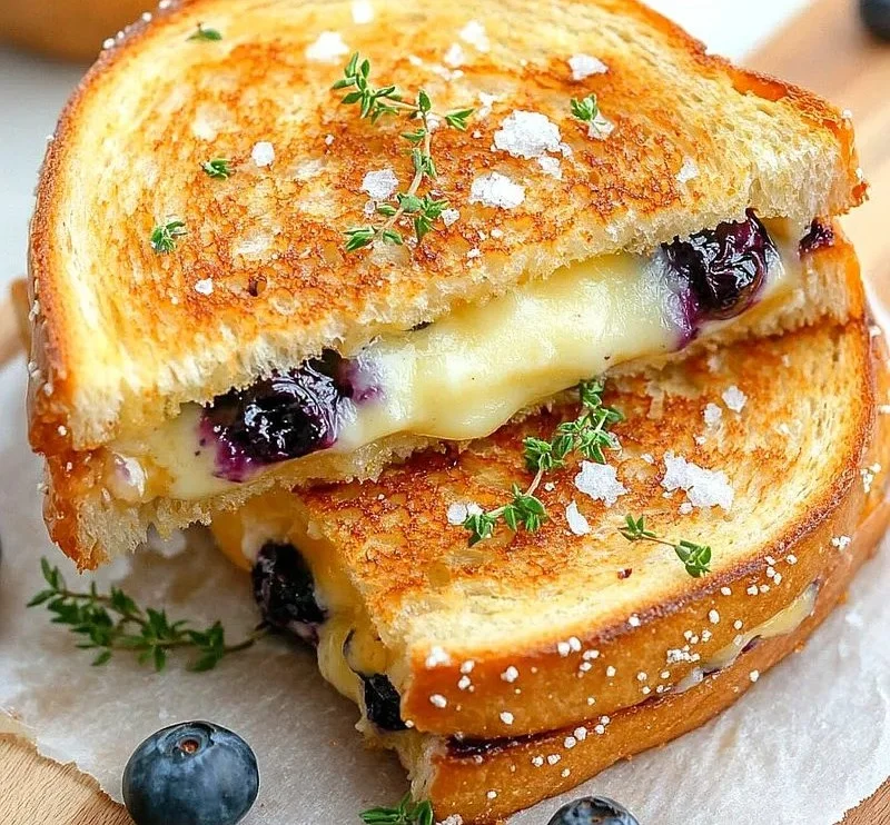 Sweet and savory blueberry grilled cheese sandwich with melty cheese and fresh blueberries