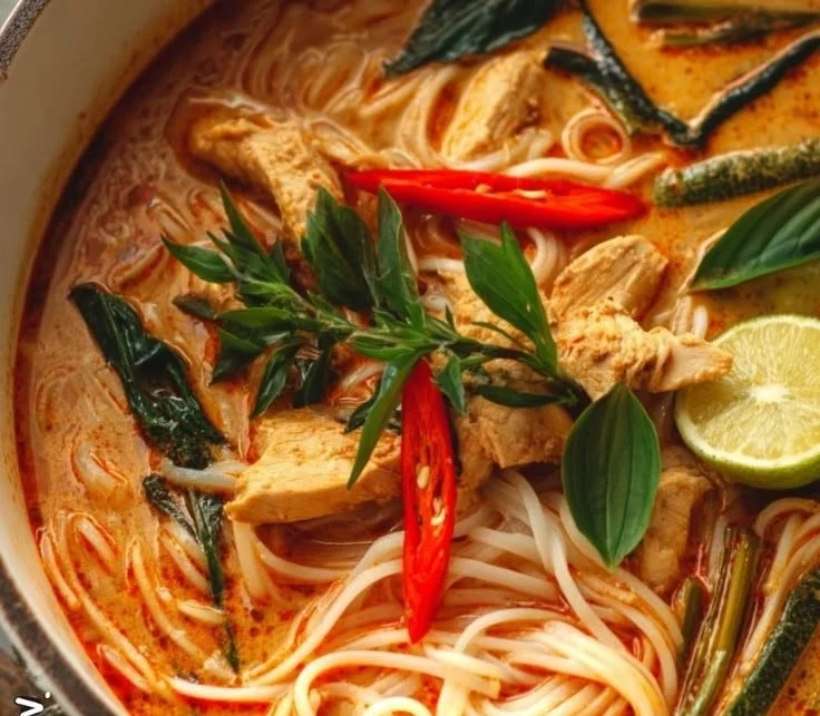 Bowl of Thai red curry noodle soup with herbs and lime on a wooden table