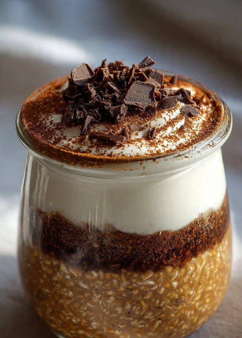 Tiramisu Overnight Oats in a jar topped with cocoa powder and coffee beans