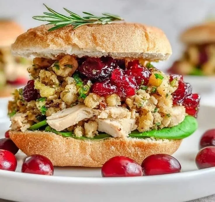 Delicious turkey sandwich with stuffing and cranberry sauce on a plate