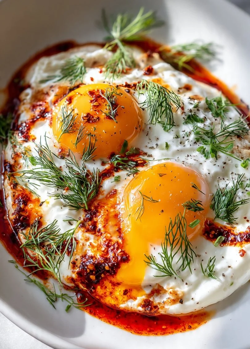Delicious Turkish Eggs Cilbir served with yogurt and spices