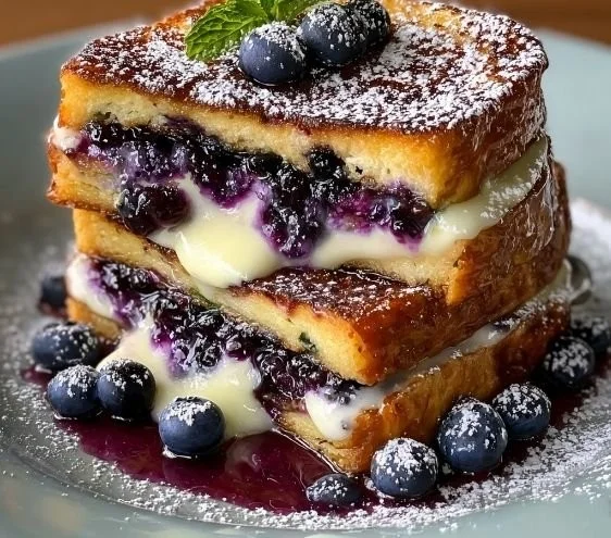 Delicious blueberry cheesecake stuffed French toast topped with fresh blueberries