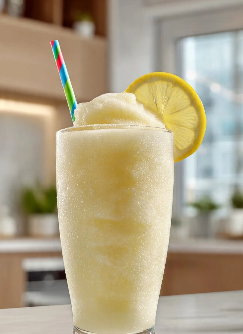 Vanilla Lemonade Slush in a glass with lemon slices and mint garnish