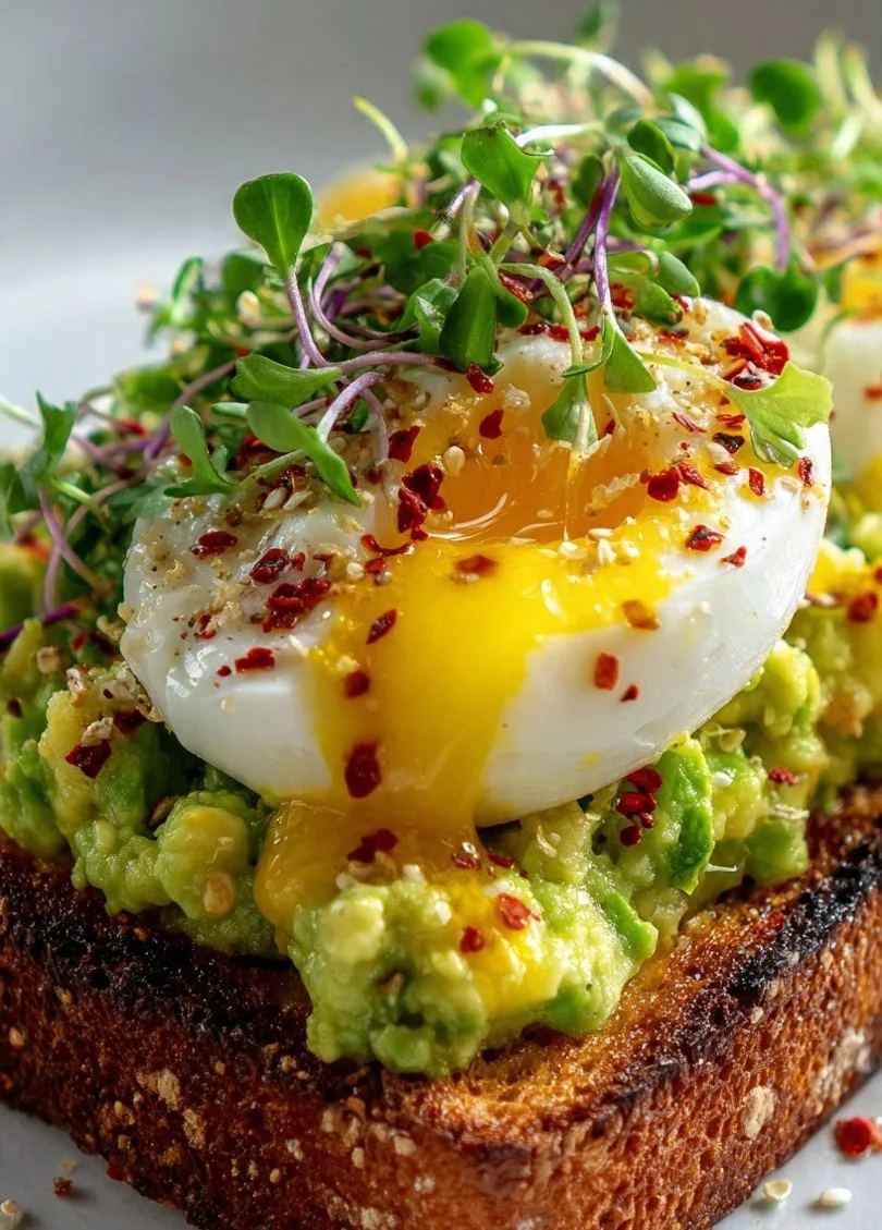 Viral grated egg avocado toast topped with seasoning on a plate