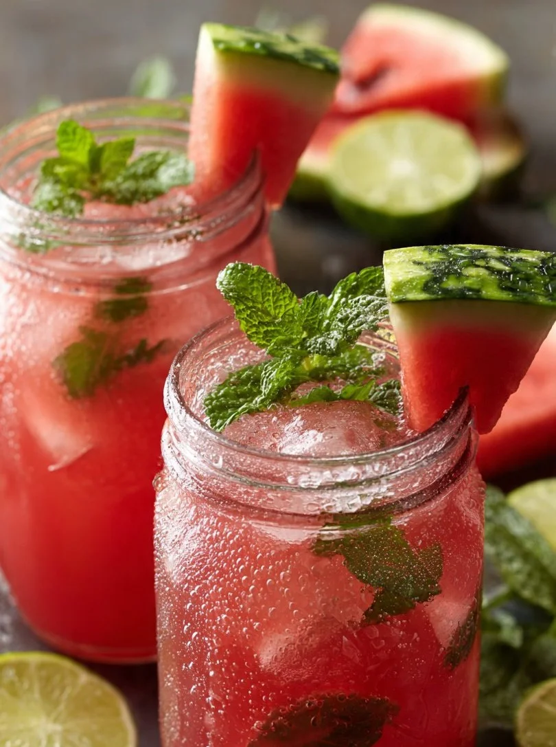 Refreshing watermelon mint drink served in a clear glass with ice and mint leaves