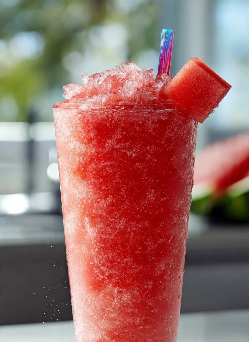 Chilled watermelon slushie in a glass with ice and mint leaves