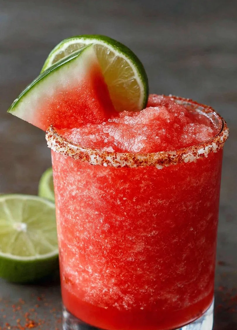 Refreshing Watermelon Tajin Slushie in a glass with Tajin seasoning on the rim
