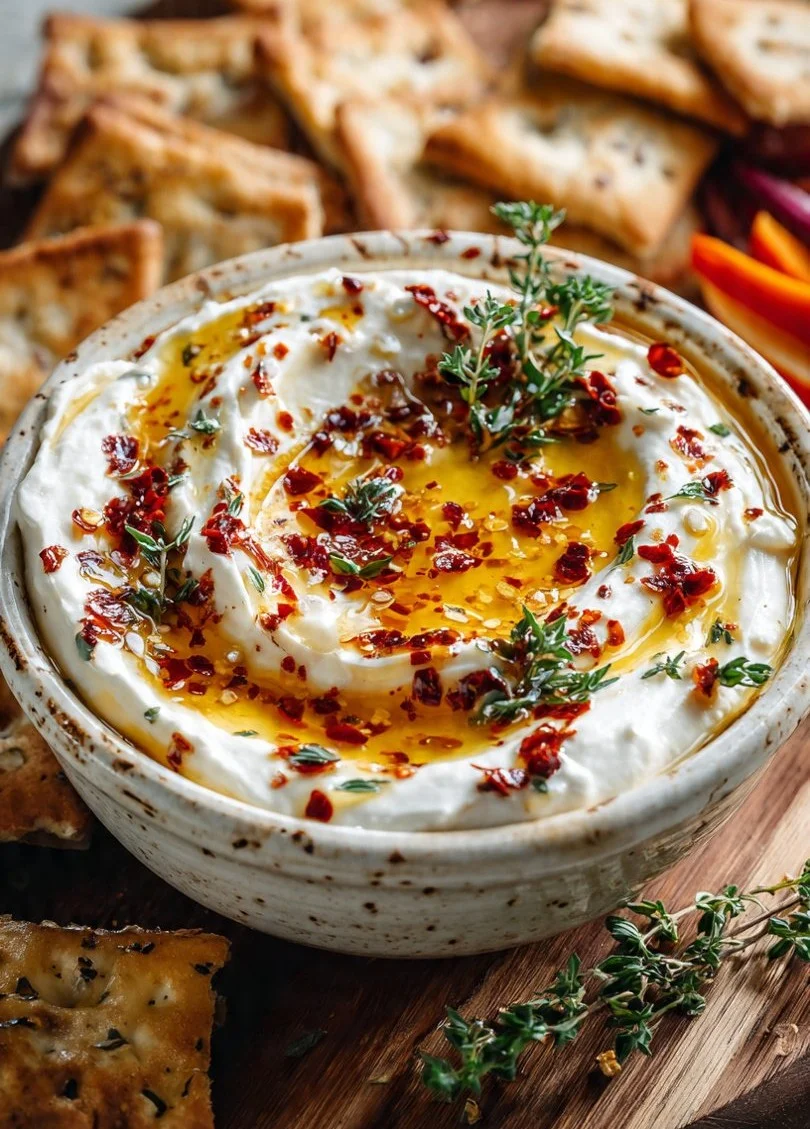 Creamy whipped feta dip with hot honey for dipping snacks