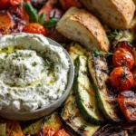 Whipped feta with roasted vegetables on a sheet pan
