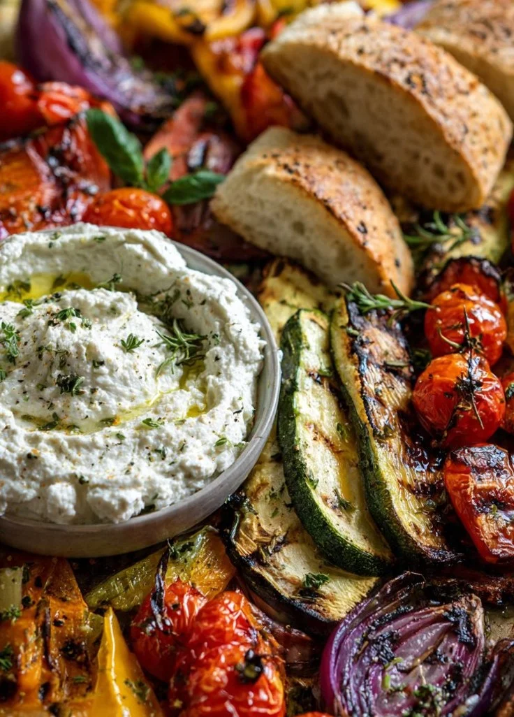 Whipped feta with roasted vegetables on a sheet pan
