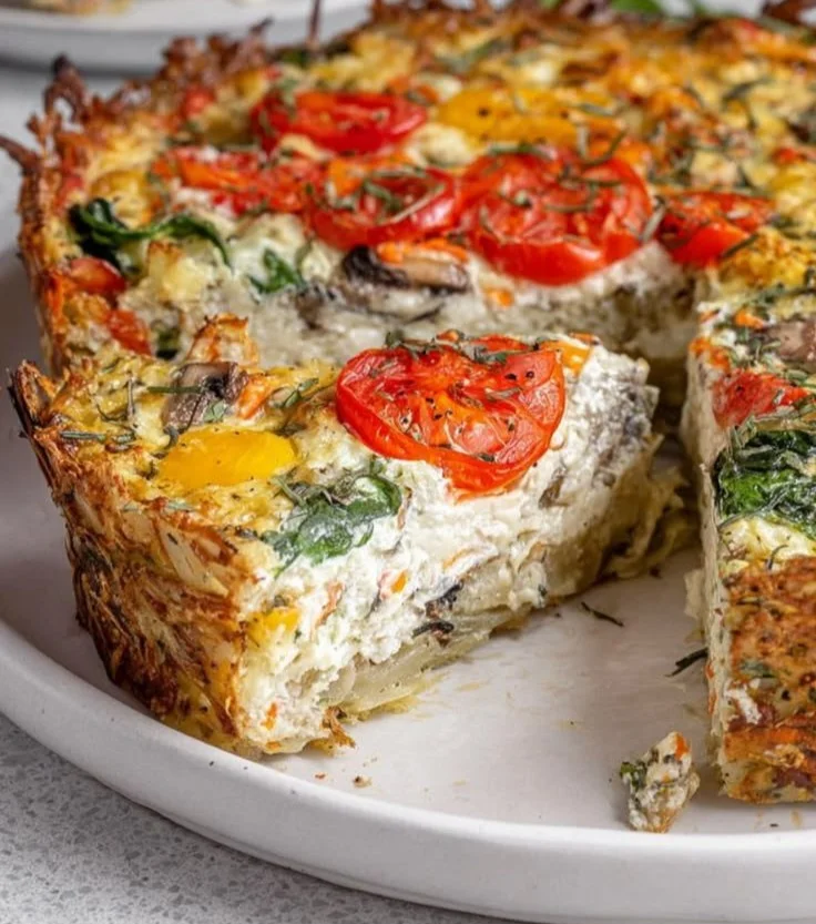 Whole30 potato crust quiche topped with fresh vegetables