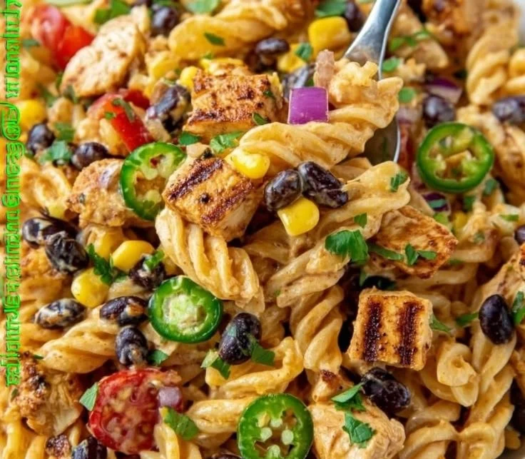 Bowl of Zesty Chicken Enchilada Pasta Salad with colorful ingredients